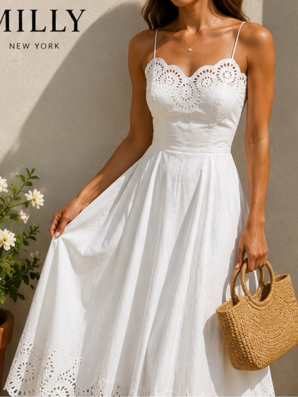 MILLY White Eyelet Embroidered Midi Sundress Size 8 Coastal Chic Resort Dress